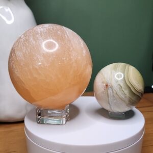 Orange Selenite and Green Banded Onyx Spheres, Set Of 2